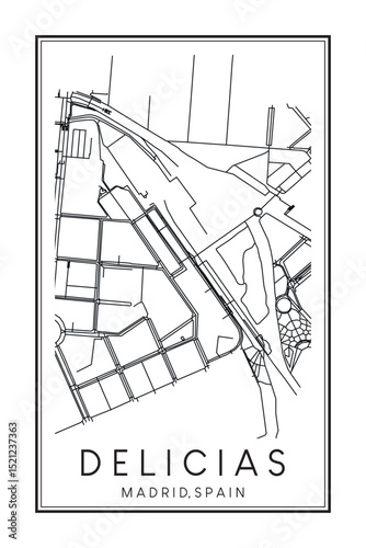 Hand drawn printable downtown road map poster of borough DELICIAS of the Spanish city of MADRID on solid white background with city name