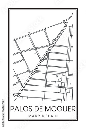 Hand drawn printable downtown road map poster of borough PALOS DE MOGUER of the Spanish city of MADRID on solid white background with city name