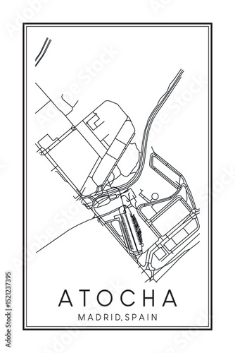 Hand drawn printable downtown road map poster of borough ATOCHA of the Spanish city of MADRID on solid white background with city name