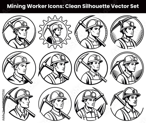 Mining Worker Silhouettes Man With Pickaxe, Hard Hat, Black Outline on White