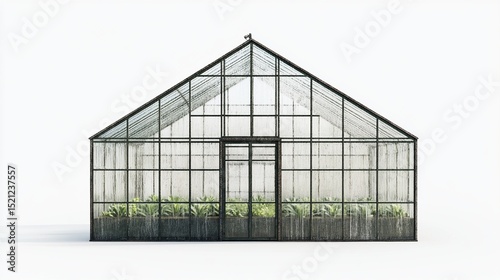 A gable-roofed greenhouse with dark metal framing and clear glass panels, showcasing rows of potted greenery inside against a stark white backdrop