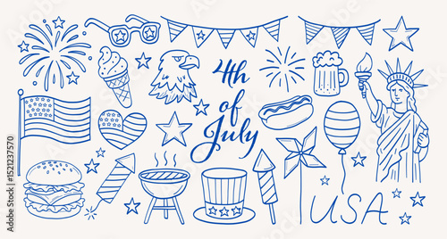 A blue and white drawing of a patriotic scene with a patriotic flag, an American flag, and a patriotic theme