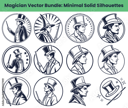 Silhouette Magician Set, Wizard with Wand and Hat in Round Illustrations