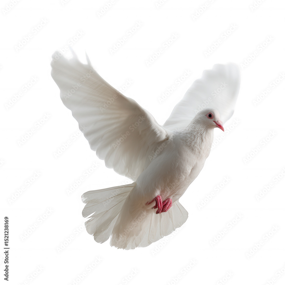 Obraz premium A majestic white dove in mid-flight, showcasing its elegant wings and peaceful demeanor against a white isolated background.