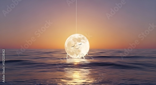 Smiling Moon Hanging Over Calm Ocean at Sunset | Tranquil Seascape for Relaxation, Meditation, Sleep Aids, and Dream Imagery