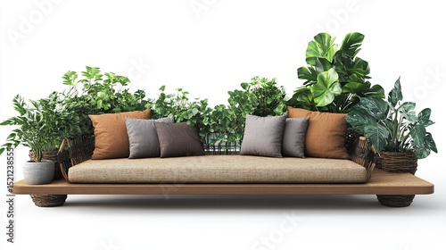 Low wooden platform sofa with beige cushions, surrounded by lush potted greenery, on a white background