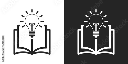 Education, innovation, open book with lightbulb idea symbol for learning, creativity and knowledge concepts vector icon