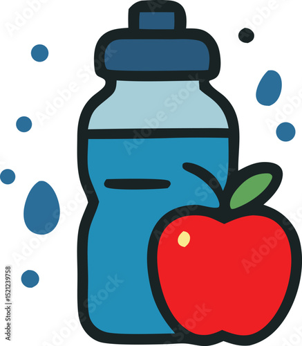 Bottle of water with apple and fresh fruit on white background