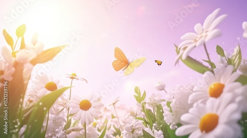 A vibrant field of daisies with butterflies.