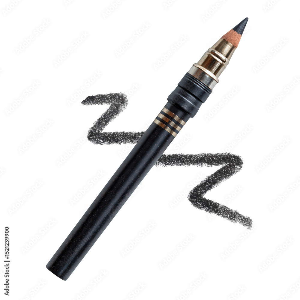 Naklejka premium A sleek black pencil with a golden tip, lying next to artistic scribbles. Perfect for creative projects, sketching, or design works in a modern aesthetic.