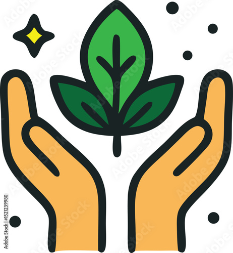 Hand gently holding a green plant and leaf in a nature-inspired eco-friendly illustration