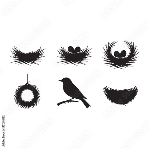 Black Silhouette of Bird Nests and Bird