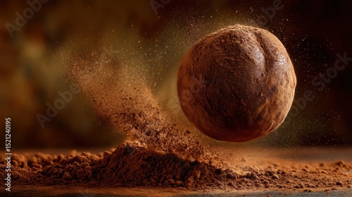 flying chocolate truffle with cocoa dust