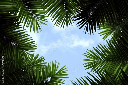 A view of lush green palm leaves against a bright blue sky.