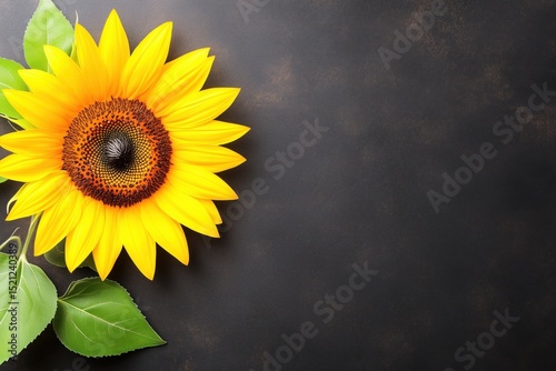 A vibrant sunflower with bright yellow petals and green leaves on a dark background.