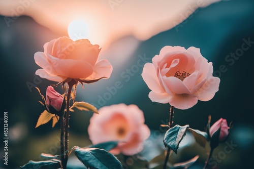 A close-up of pink roses blooming against a sunset backdrop with soft lighting.