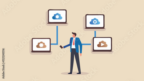 Man connecting laptops with cloud icons representing network and data management diagram concept