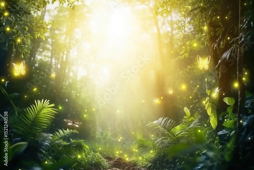 A magical forest scene filled with glowing lights and butterflies amidst lush greenery.