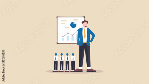 Illustration of a business presentation with a leader and a graph and a small team present