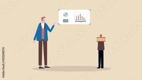 A man presenting data on a whiteboard to another man standing on a box in a beige room space