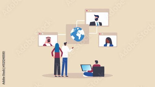 Illustration of people connecting globally through video calls and online collaboration tools