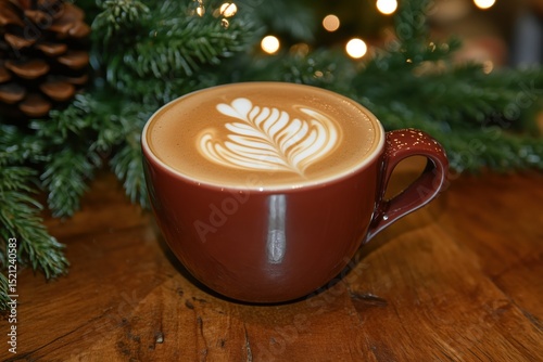 A brown coffee cup filled with latte art, placed on a wooden table with pine branches in the background.