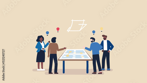 Diverse team collaborating around a table with lightbulb icons brainstorming ideas together now today