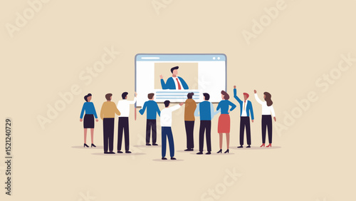 Group of people watching a presentation on a screen with a man giving a speech online to the audience