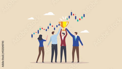Team celebrating success by holding a trophy with a financial chart in the background showing growth