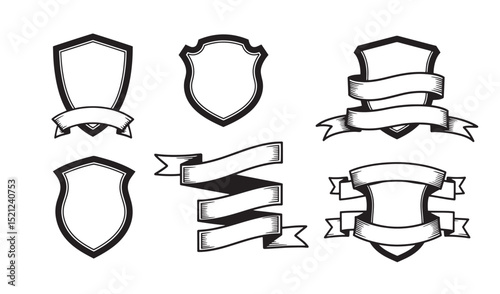 Vector illustrations of heraldic crests emblems and ribbons in silhouette style