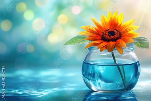 A vibrant sunflower in a glass vase filled with water, set against a soft blue background.