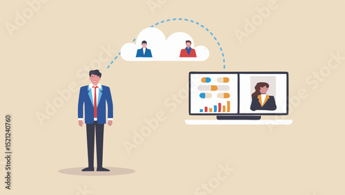 Man in suit stands near screen with charts and woman connected to cloud with other people online