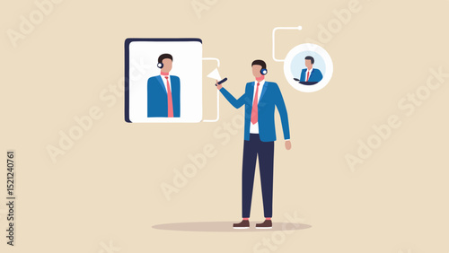 Man in suit holding megaphone with images of men in suits with headsets on screens around him