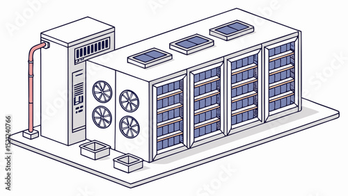 Isometric view of a server farm building with air conditioning unit and multiple server racks shown inside