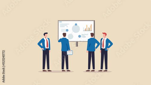 Four business people in suits looking at a presentation board with charts and graphs in a meeting room