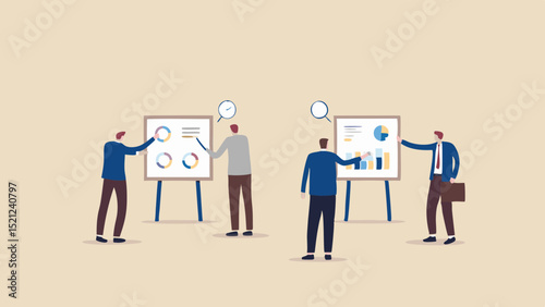 Two business presentations with charts and graphs being presented by professionals in a meeting room