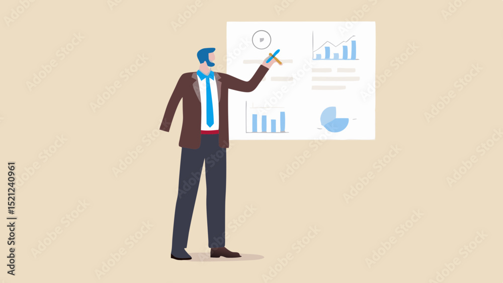 Fototapeta premium Man in suit pointing at presentation board with charts and graphs in a business setting illustration