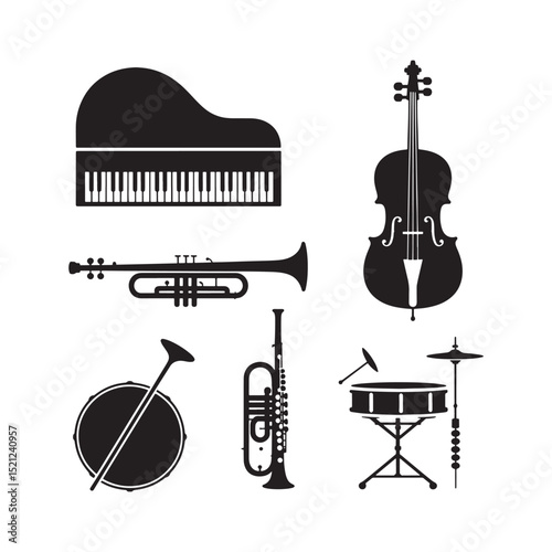 Black Silhouette of Musical Instruments Grand Piano Violin Trumpet Drum Set