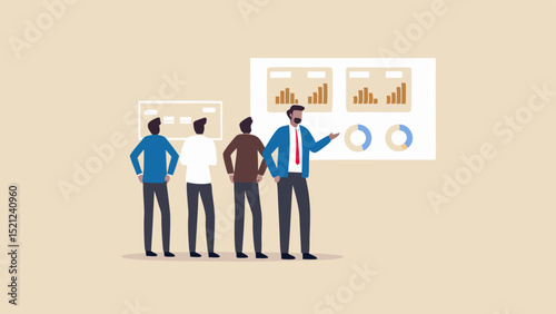 Team viewing data charts and graphs presented by a man with a red tie in a business setting