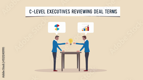 Two executives discussing business ideas with charts and a lightbulb on a table in a meeting room