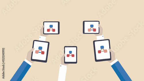 Hands holding tablets displaying network diagram for collaborative communication and data sharing concept