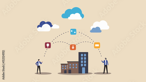 Illustration showing cloud computing with buildings and people connected via the cloud icons