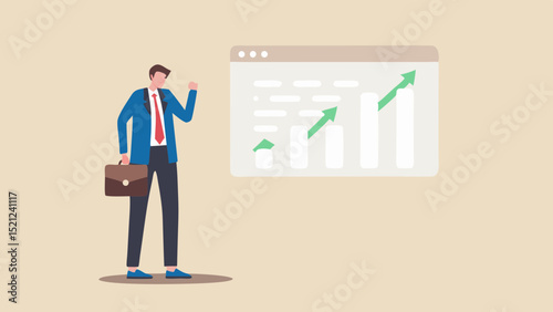 Businessman celebrating success with upward trending graph in the background on a light beige background