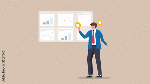 A man in a suit analyzing data on a dashboard with a magnifying glass and a floating yellow circle