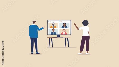 People waving at a video conference call displayed on a screen in a light brown room setting view