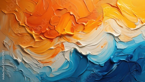 Abstract Oil Painting with Bold Yellow, Orange, White, and Blue Brushstrokes, Thick Texture and Swirling Motion, Ideal for Modern Art, Interior Decor, and Creative Design Backgrounds