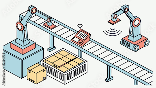 Isometric view of factory automation with robotic arms, conveyor belt, and stacked boxes, industrial scene