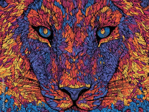A colorful abstract illustration of a majestic big cat face
