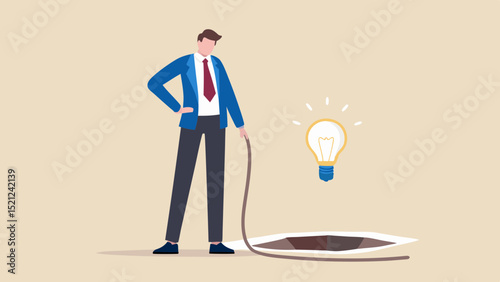 Man in suit looks into hole with rope and lightbulb representing an idea on a light beige background