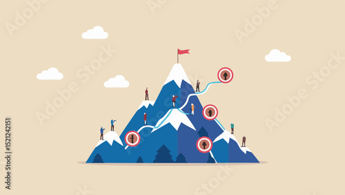 Illustration of a mountain with a winding path and people climbing towards a flag on the summit